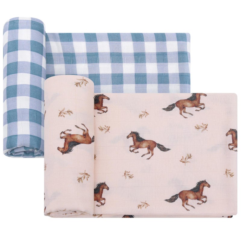 Lifetree Baby Swaddle Blankets  Boys Girls Muslin Swaddling Wrap Receiving Blanket For Newborn  70% Viscose From Bamboo And 30% Cotton  Large 47"" X 47""  Horse And Blue Checkered Pattern - Image 1