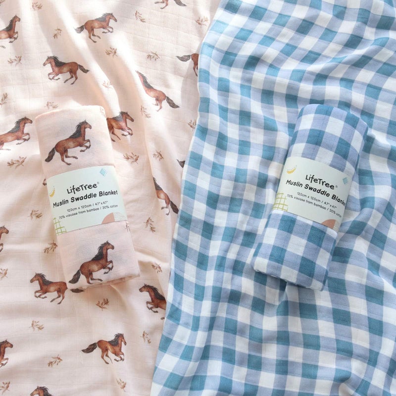 Lifetree Baby Swaddle Blankets  Boys Girls Muslin Swaddling Wrap Receiving Blanket For Newborn  70% Viscose From Bamboo And 30% Cotton  Large 47"" X 47""  Horse And Blue Checkered Pattern - Image 2