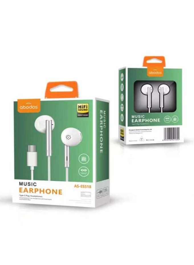 Abodos AS-ES518 Type-C Earphones – Noise Isolating In-Ear Headphones with Pure Sound & Powerful Bass (White) - Image 1