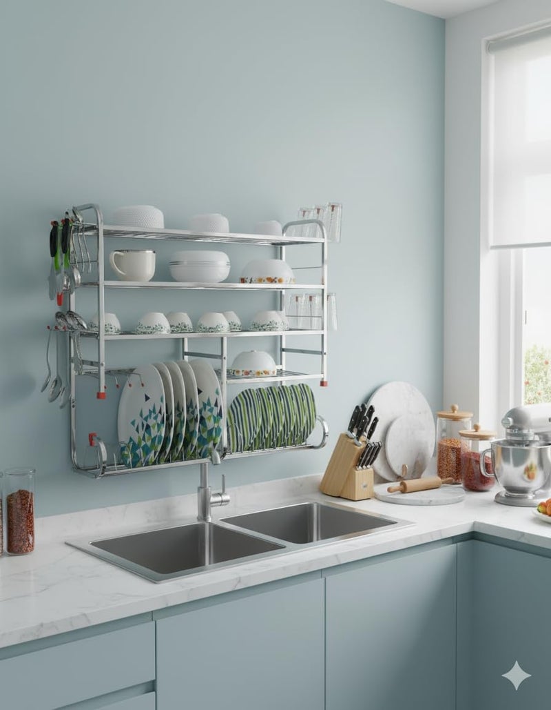 Homify Kitchen Dish Rack | Wall Mounted | 5 Shelves | Stainless Steel Utensil Rack| Holds 18+ Plates | Space-Saving | Rustproof | Easy Assembly (28.5 X 28.5 INCH) - Image 4