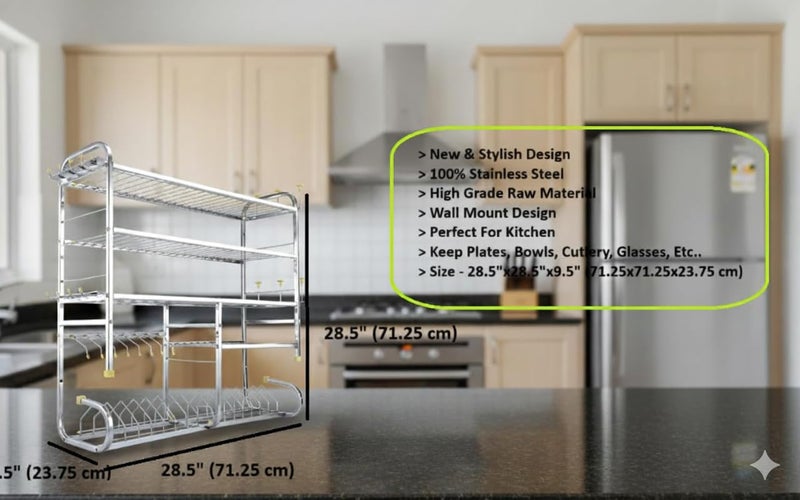 Homify Kitchen Dish Rack | Wall Mounted | 5 Shelves | Stainless Steel Utensil Rack| Holds 18+ Plates | Space-Saving | Rustproof | Easy Assembly (28.5 X 28.5 INCH) - Image 3