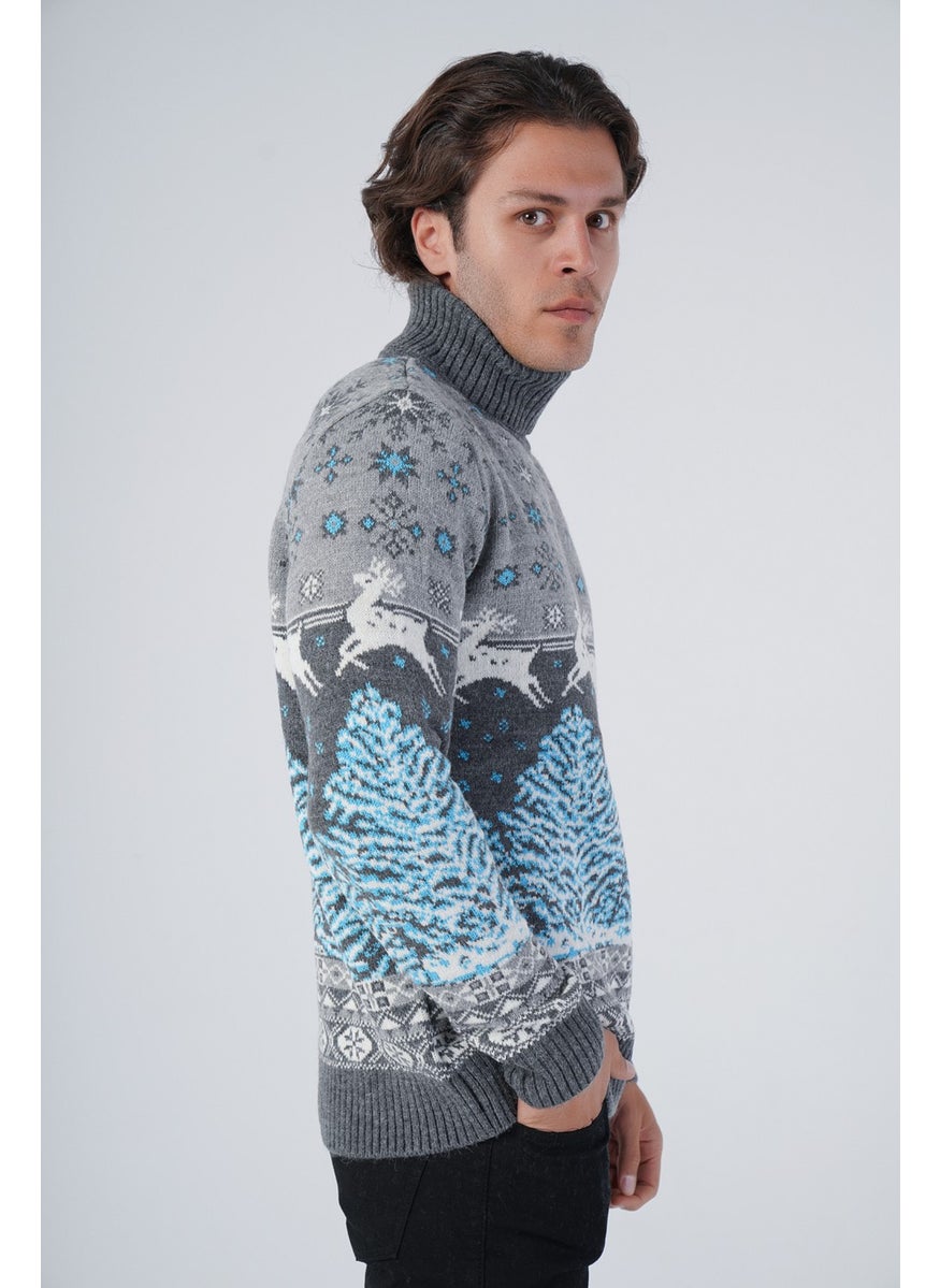 Trist Star Dark Gray Men's Jacquard Deer Patterned Turtleneck New Year's Knitwear Wool Sweater  - Image 1