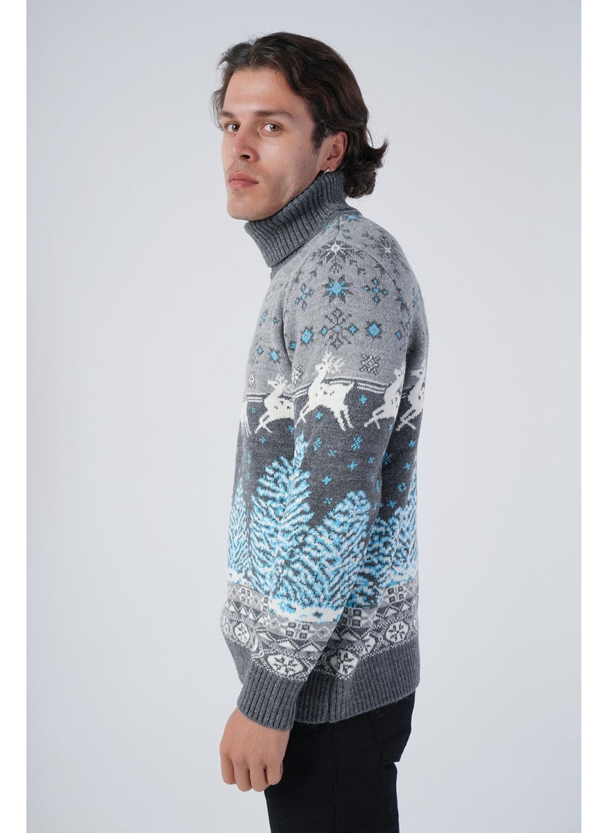 Trist Star Dark Gray Men's Jacquard Deer Patterned Turtleneck New Year's Knitwear Wool Sweater  - Image 4