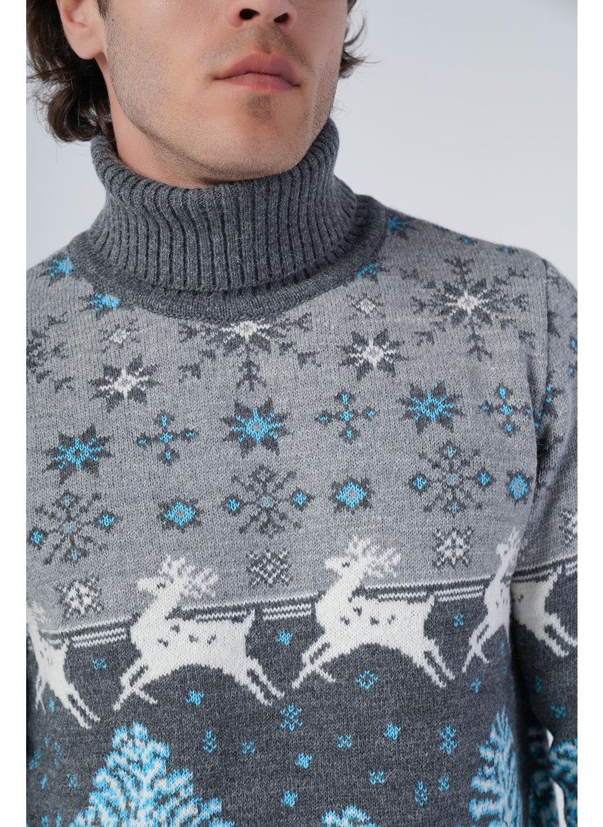 Trist Star Dark Gray Men's Jacquard Deer Patterned Turtleneck New Year's Knitwear Wool Sweater  - Image 5