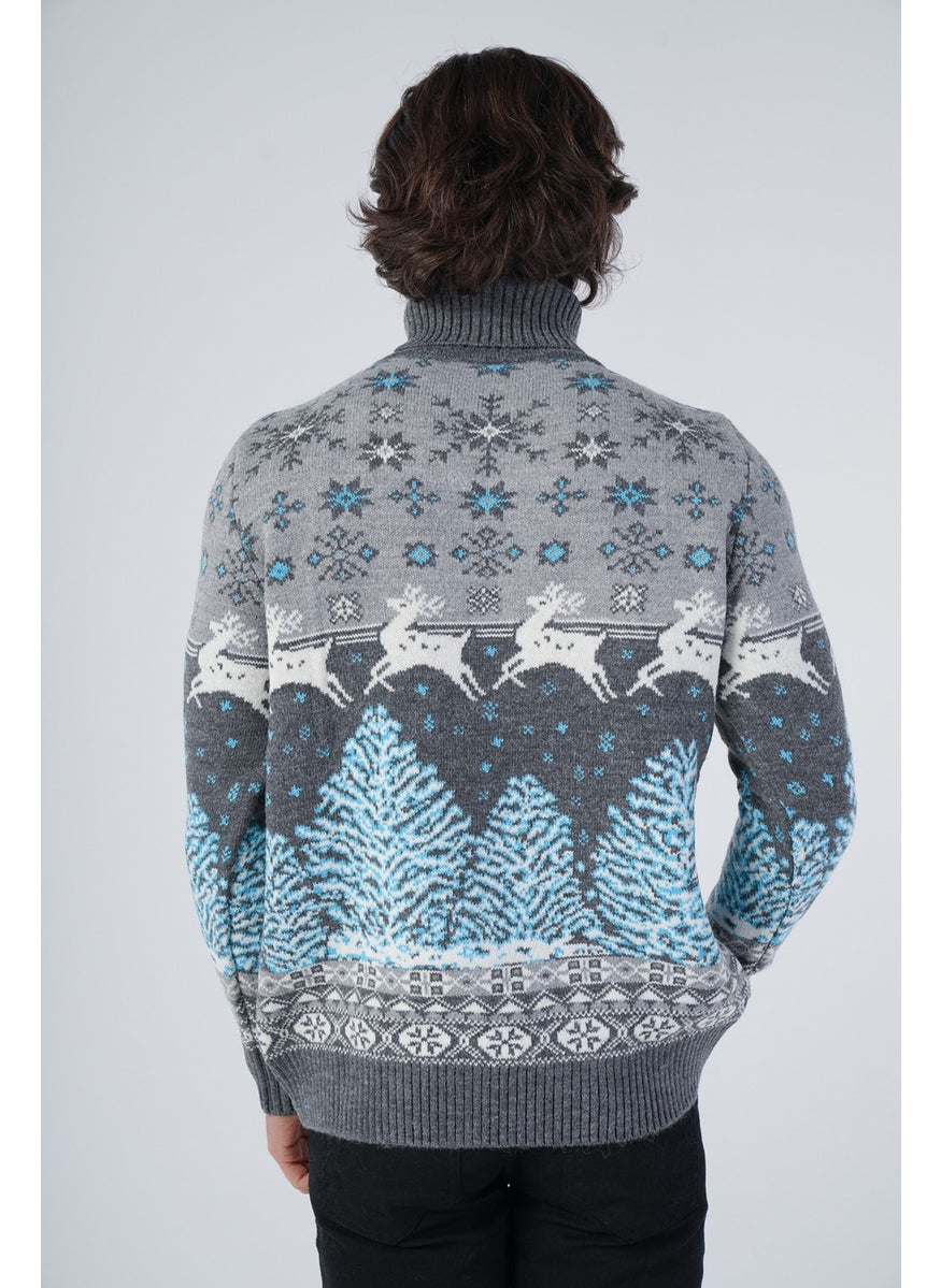 Trist Star Dark Gray Men's Jacquard Deer Patterned Turtleneck New Year's Knitwear Wool Sweater  - Image 3