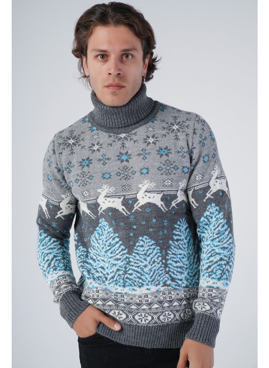 Trist Star Dark Gray Men's Jacquard Deer Patterned Turtleneck New Year's Knitwear Wool Sweater  - Image 2
