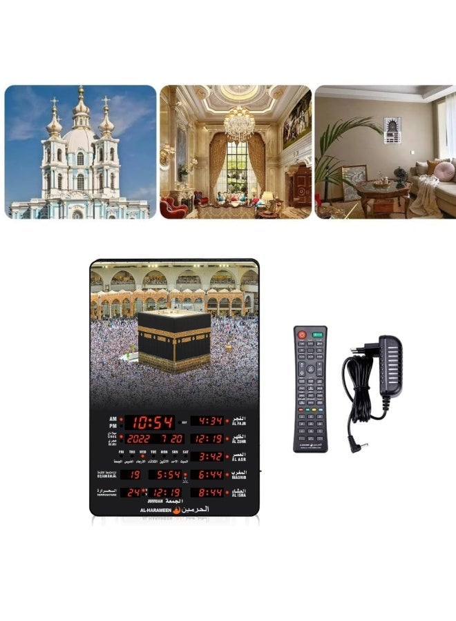 الحرمين ساعة حائط أذان للصلاة الرقمية الإسلامية الحرمين، شاشة LED، تصميم الكعبة / بيت الله، مع جهاز تحكم عن بعد – موديل HA-5163A - Image 3
