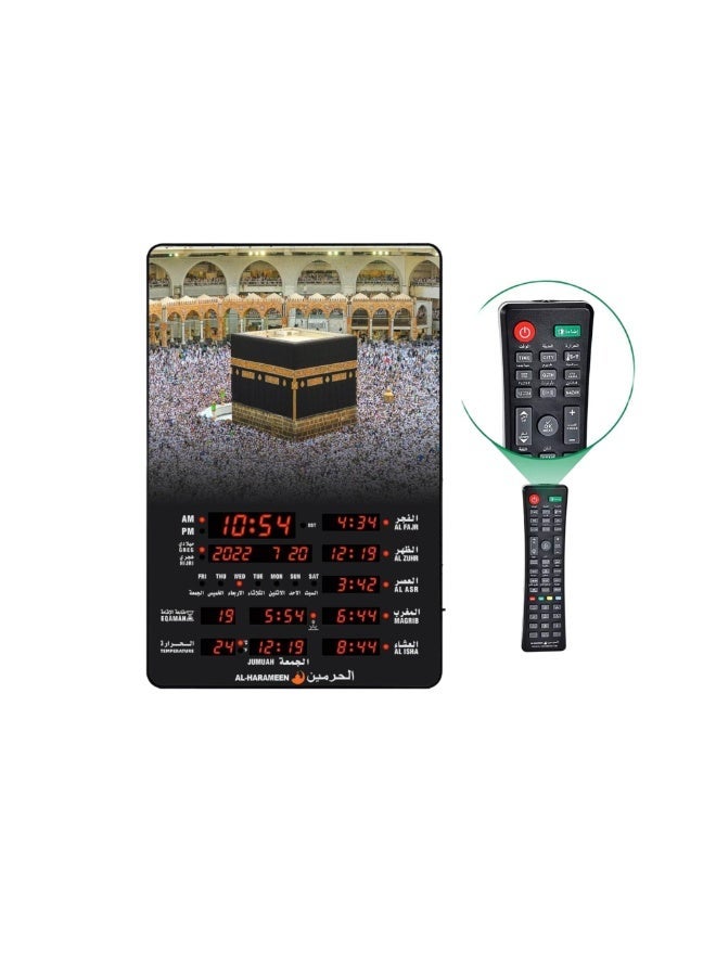 الحرمين ساعة حائط أذان للصلاة الرقمية الإسلامية الحرمين، شاشة LED، تصميم الكعبة / بيت الله، مع جهاز تحكم عن بعد – موديل HA-5163A - Image 2