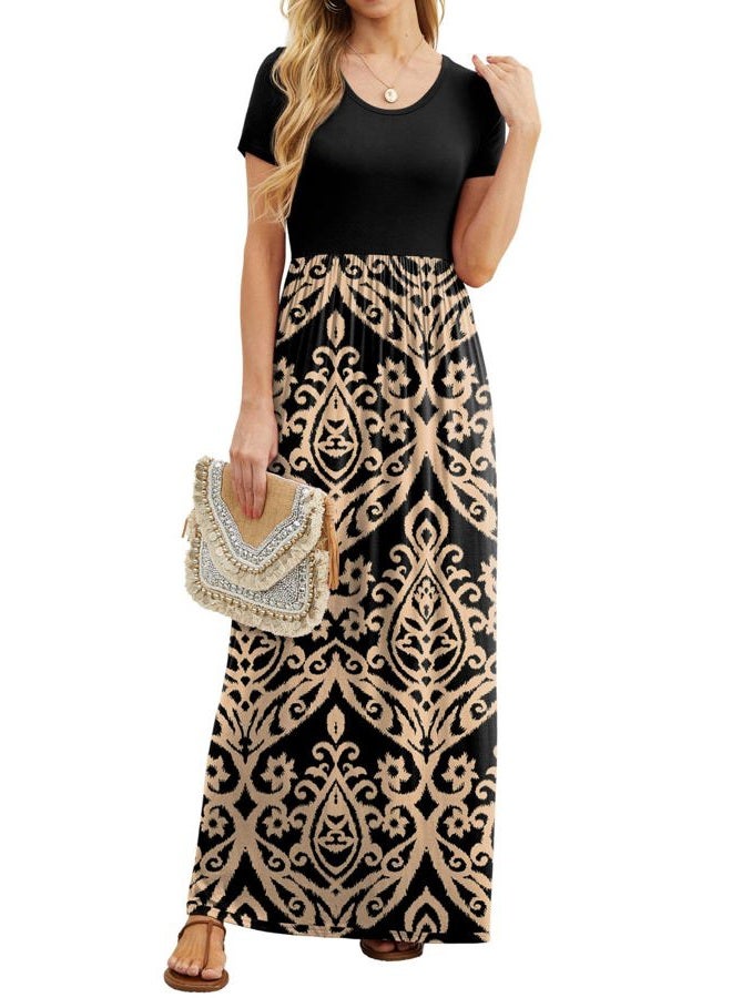 GRECERELLE Women's Short Sleeve Floral Print Loose Plain Maxi Dresses Casual Long Dresses with Pockets FP-Khaki Large - Image 2