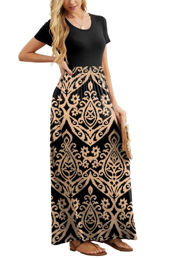 GRECERELLE Women's Short Sleeve Floral Print Loose Plain Maxi Dresses Casual Long Dresses with Pockets FP-Khaki Large - Image 4