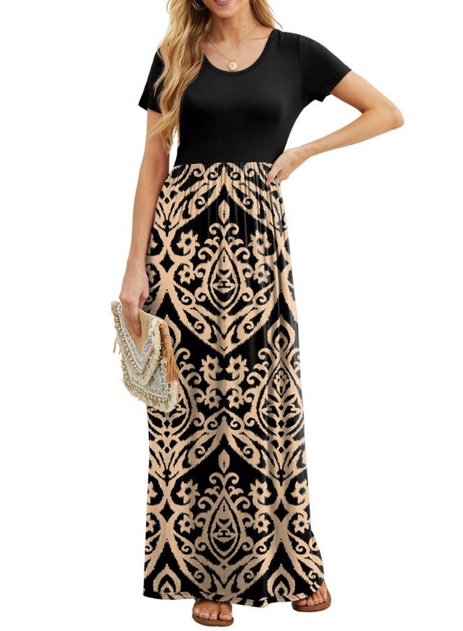 GRECERELLE Women's Short Sleeve Floral Print Loose Plain Maxi Dresses Casual Long Dresses with Pockets FP-Khaki Large - Image 3