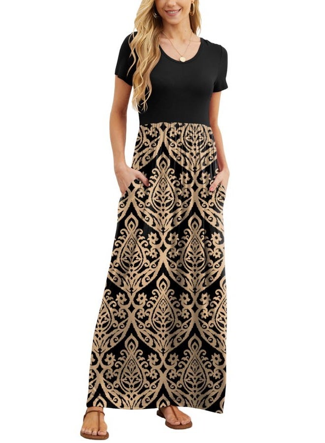 GRECERELLE Women's Short Sleeve Floral Print Loose Plain Maxi Dresses Casual Long Dresses with Pockets FP-Khaki Large - Image 1