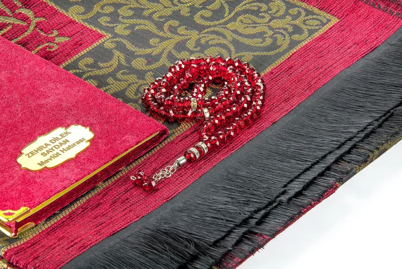 ايهفان Ihvan Hajj Umrah Mevlid Set 23 Names Printed Velvet Covered Yasin + Prayer Rug + Prayer Beads