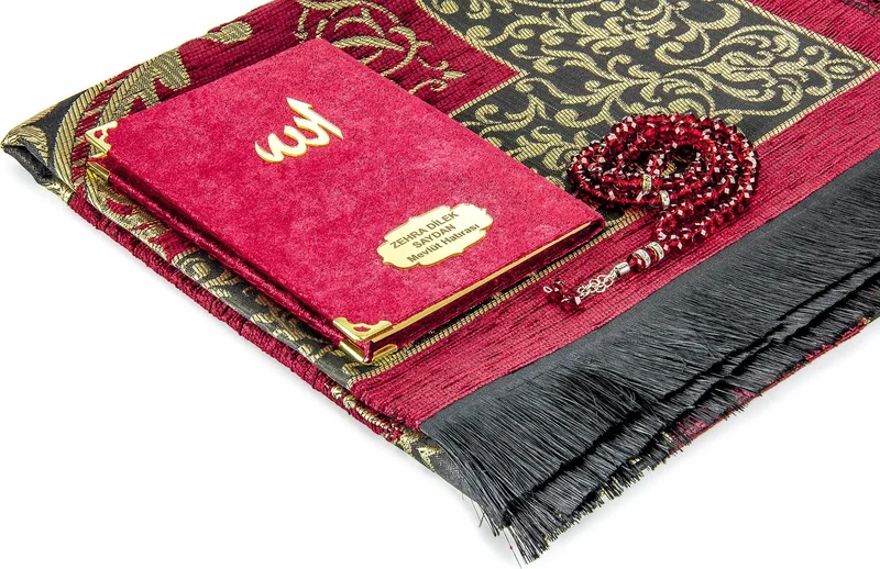 ايهفان Ihvan Hajj Umrah Mevlid Set 23 Names Printed Velvet Covered Yasin + Prayer Rug + Prayer Beads