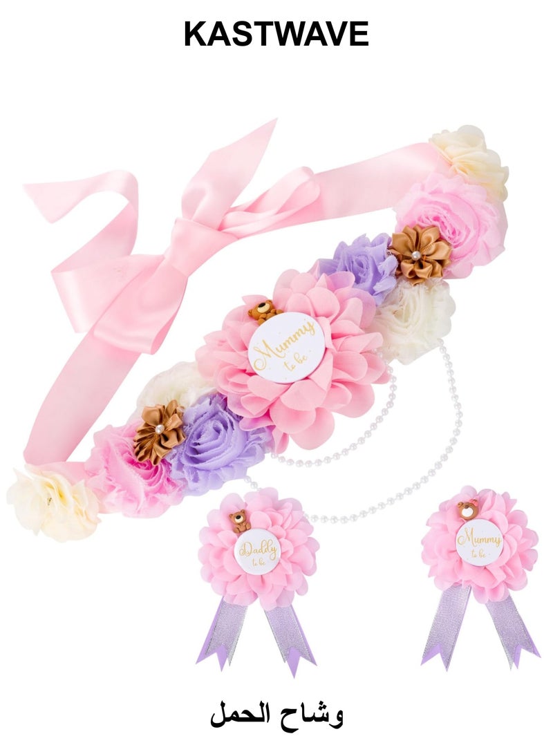 KASTWAVE Teddy Bear Maternity Sash & to Be Corsage Pin Set, Maternity Sash Belt Mom to Be Daddy to Be Corsage Pins Baby Shower Decoration Pregnancy Photo Props Keepsake Gifts - Image 1