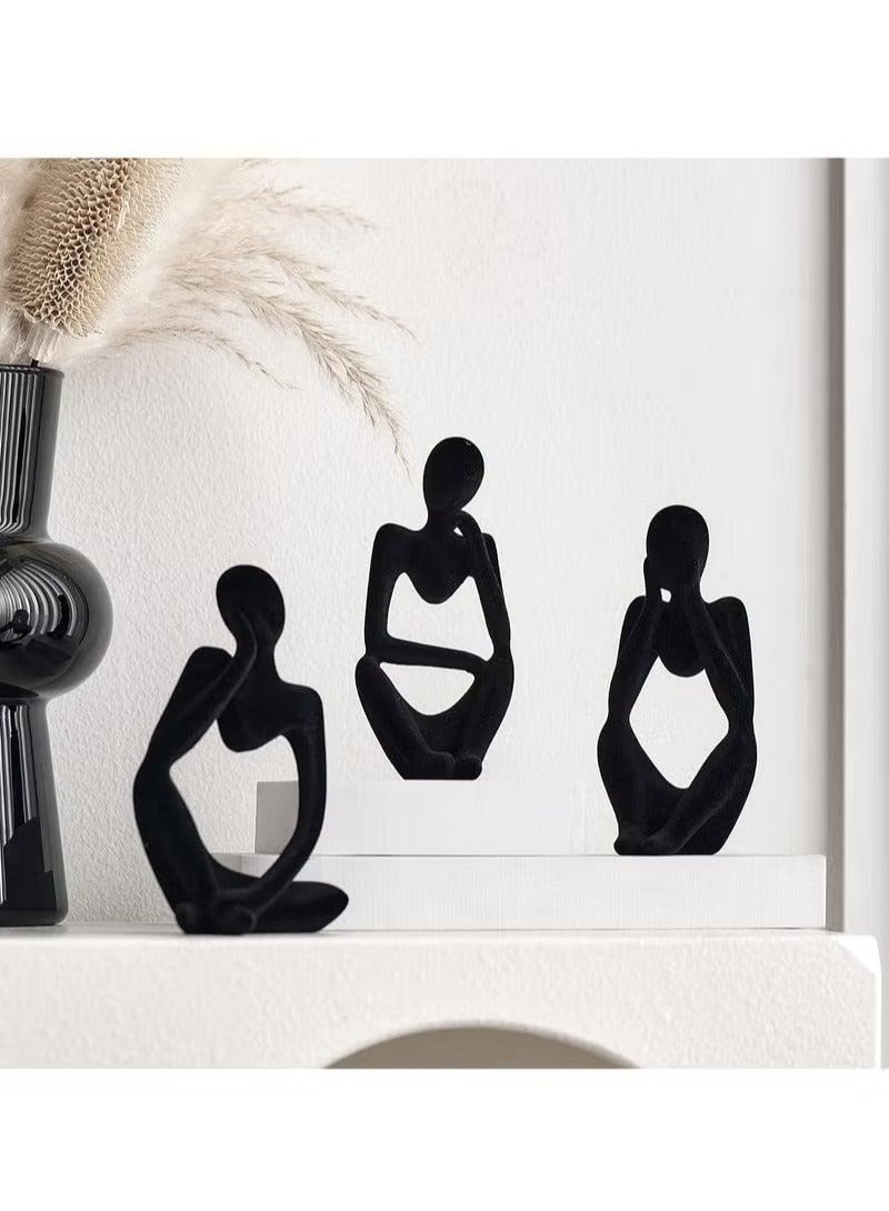 Home Office Figurines Decor - Black Velvet Thinker Statue Decor Set Of 3, Art Statue Living Room Decor, Modern Sculpture Decorations For Office Shelf Table, Home Decor Knick Knacks For Shelves - Image 4