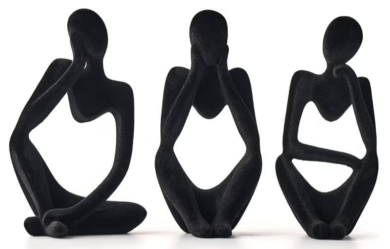 Home Office Figurines Decor - Black Velvet Thinker Statue Decor Set Of 3, Art Statue Living Room Decor, Modern Sculpture Decorations For Office Shelf Table, Home Decor Knick Knacks For Shelves - Image 1