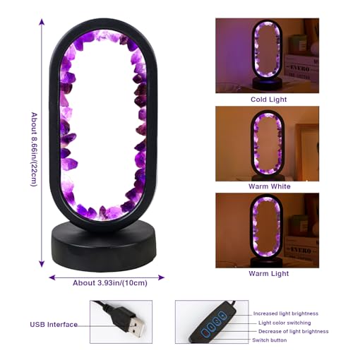 Runyangshi Crystal Lamp Amethyst Raw Stone Ellipse Night Lamp Natural Healing Crystal Night Light Table Lamp Base USB Port 3 Colours Mode for Bedroom Bedside Lamp Office Home Decor Gift - Image 3