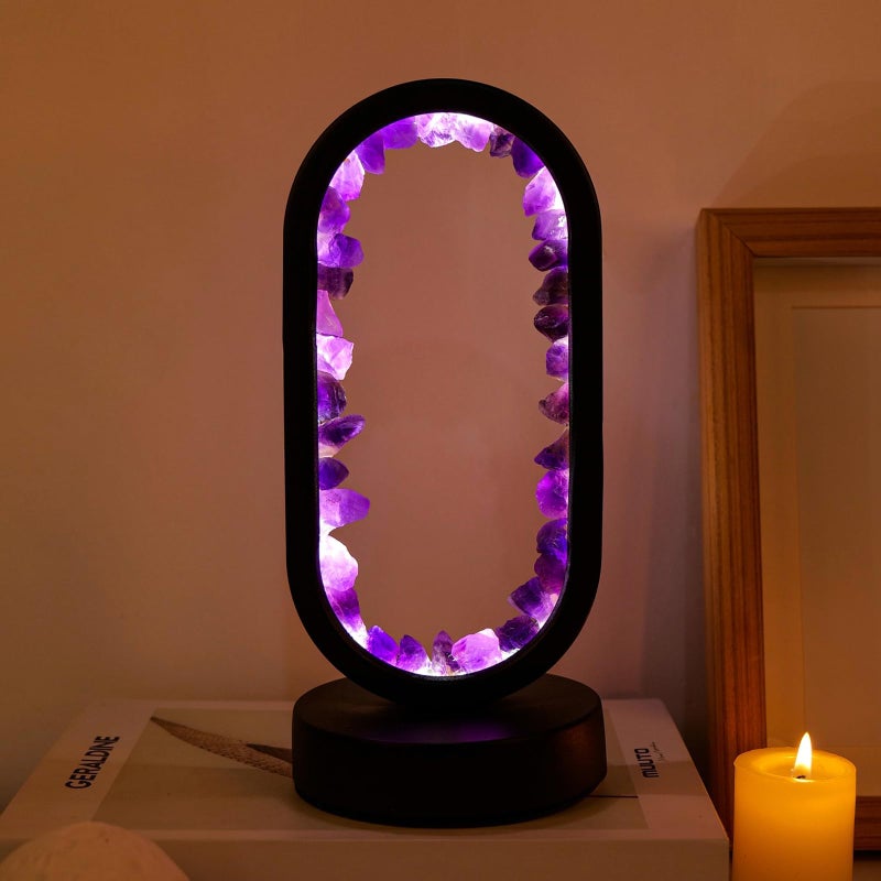Runyangshi Crystal Lamp Amethyst Raw Stone Ellipse Night Lamp Natural Healing Crystal Night Light Table Lamp Base USB Port 3 Colours Mode for Bedroom Bedside Lamp Office Home Decor Gift - Image 2