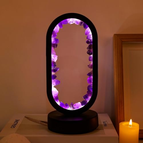 Runyangshi Crystal Lamp Amethyst Raw Stone Ellipse Night Lamp Natural Healing Crystal Night Light Table Lamp Base USB Port 3 Colours Mode for Bedroom Bedside Lamp Office Home Decor Gift - Image 1