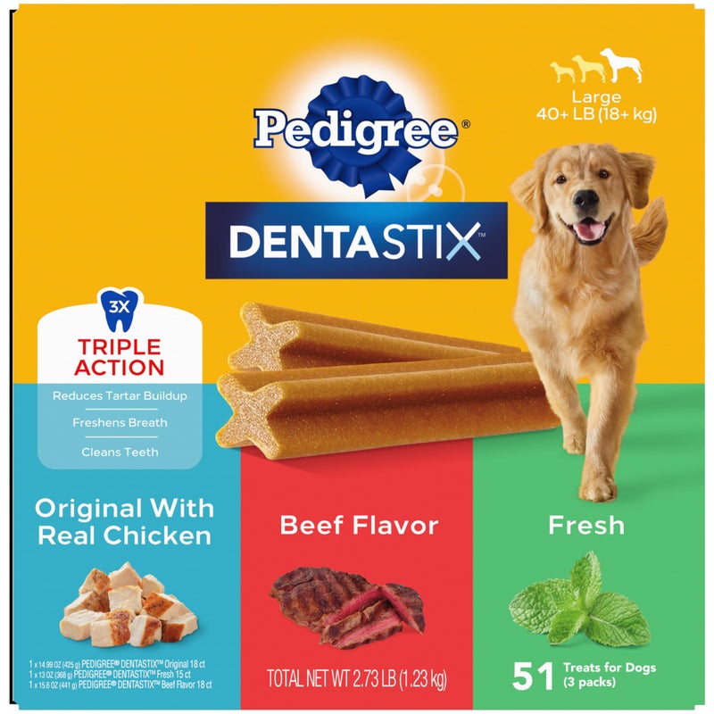 Pedigree Dentastix Large Breed Dog Treats, Original, Beef & Fresh Flavor, 2.73 lb. Variety Pack (51 Treats) - Image 1