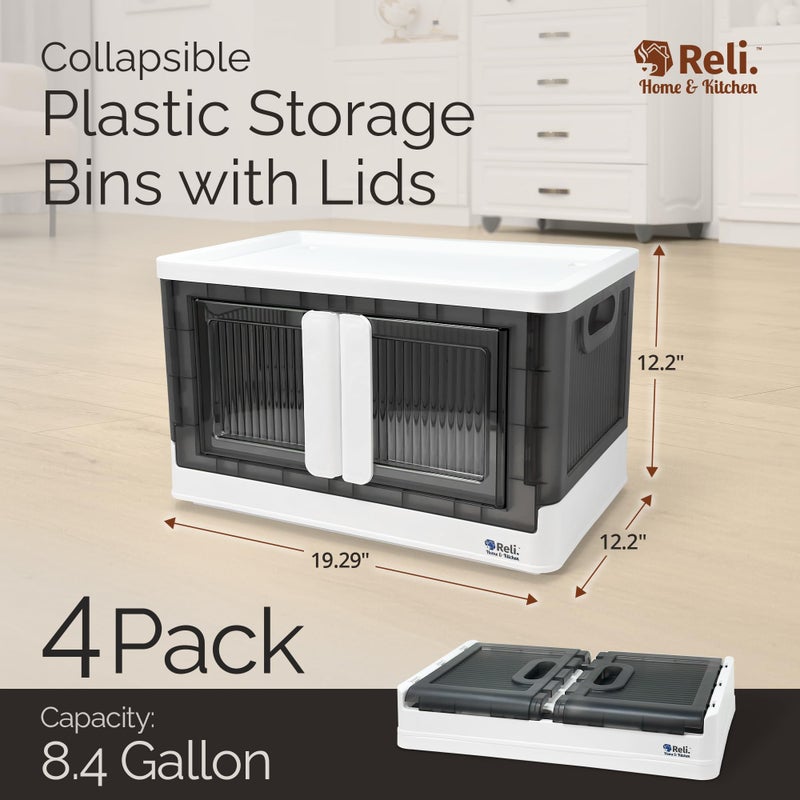 Reli. Storage Bins with Lids and Doors (4 Pack) | 8.4 Gallon Collapsible Storage Bins with Lids | Collapsible Stackable Plastic Cabinet with Built-in Wheels | Heavy Duty Closet Organizers - Image 2