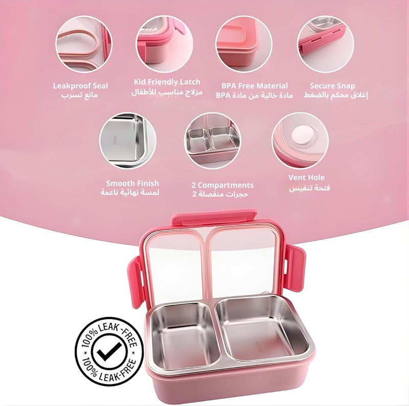 كرافيستا صناديق غداء بنتو، صندوق غداء من الفولاذ المقاوم للصدأ مانع للتسرب للأطفال، صندوق بنتو خالٍ من BPA للأطفال والكبار | صناديق تيفين للمكتب والمدرسة (وردي، 700 مل، قسمان) - Image 3