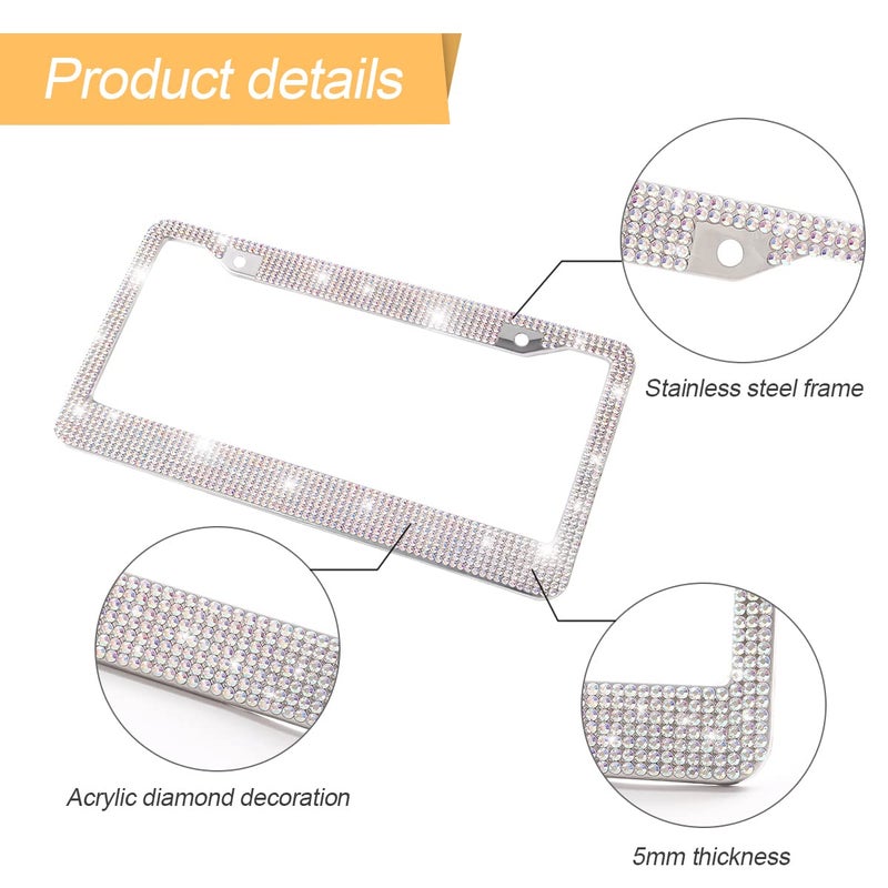 YALOK Bling Car License Plate Frame, Sparkly Rhinestone Stainless Steel License Plate Cover/Holder, Universal for Most Cars, SUVs, Vehicles with Screw Set, Auto Accessories for Women (AB Color) - Image 3