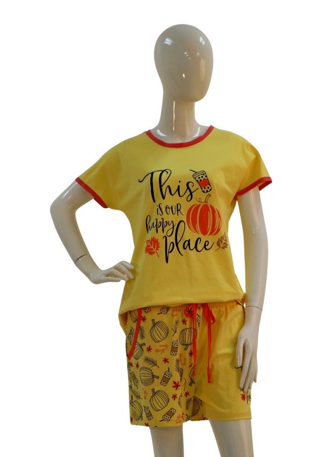 JOANNA JOANNA Women's This Is Our Happy Place Quotes Shirt and Short Pajama Set, Yellow  - Image 1