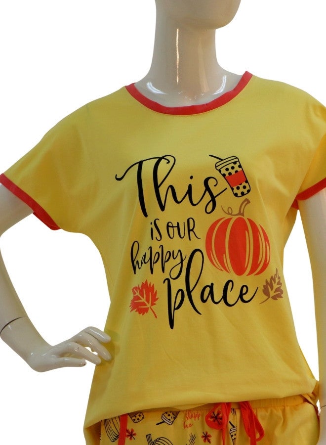 JOANNA JOANNA Women's This Is Our Happy Place Quotes Shirt and Short Pajama Set, Yellow  - Image 2