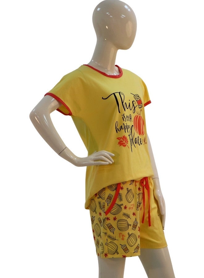 JOANNA JOANNA Women's This Is Our Happy Place Quotes Shirt and Short Pajama Set, Yellow  - Image 4