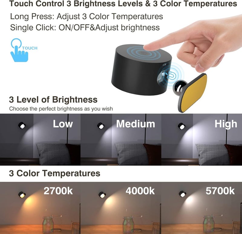 مصابيح قراءة LED كوبالا، أباجورات حائطية مع 3 درجات حرارة لونية و3 مستويات سطوع، بطارية قابلة لإعادة الشحن، كرة مغناطيسية، دوران 360 درجة، تحكم باللمس، مصابيح لدراسة الأطفال، بجانب السرير، الخزانة - Image 2