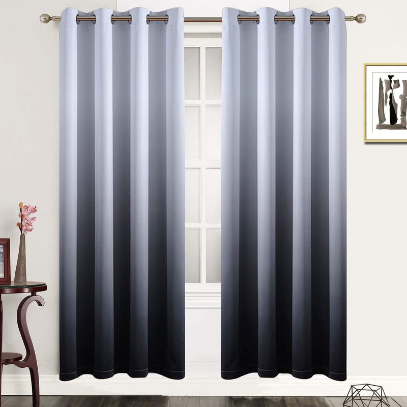 Gradient Color Ombre Blackout Curtains Black Thickening Polyester Eyelet Top Panels Thermal Insulated Grommet Window Treatment Drapes for Living RoomBedroom Black 52W x 72L  2 Panels