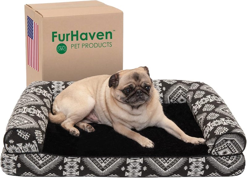 Furhaven Pet Dog Bed | Orthopedic Plush Kilim Southwest Home Decor Traditional Sofa-Style Living Room Couch Pet Bed w/Removable Cover for Dogs & Cats, Black Medallion, Medium - Image 1