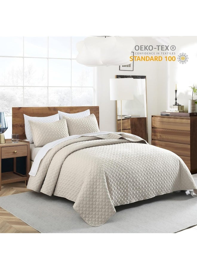 Horimote Home Quilt Set King Size Beige Bedspread, Modern Style Quilted Clouds Pattern Soft Coverlet Set Lightweight Microfiber Quilted Bedspread For All Season, 3 Pieces Includes 1 Quilt And 2 Pillow  - Image 1