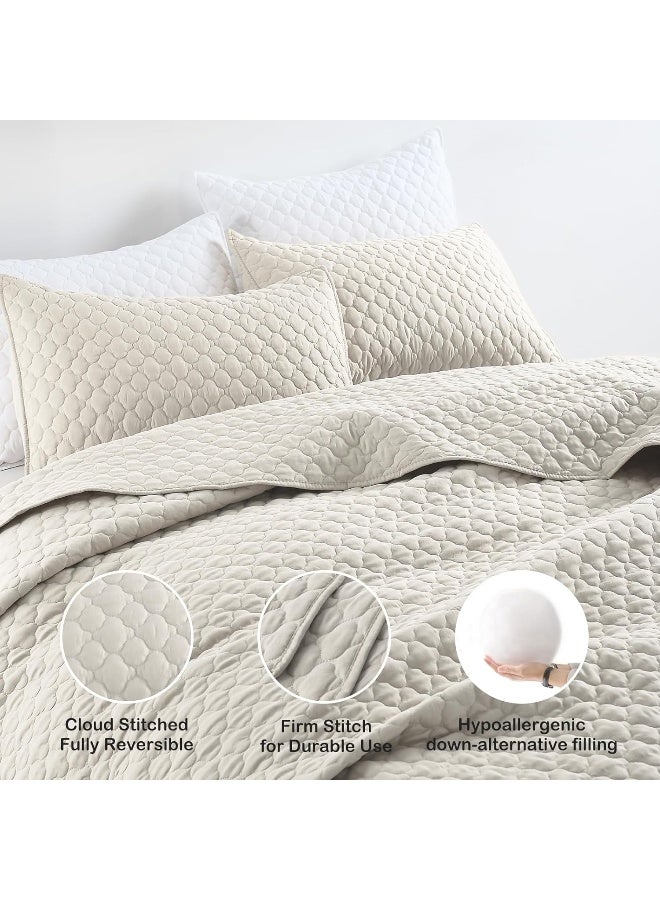 Horimote Home Quilt Set King Size Beige Bedspread, Modern Style Quilted Clouds Pattern Soft Coverlet Set Lightweight Microfiber Quilted Bedspread For All Season, 3 Pieces Includes 1 Quilt And 2 Pillow  - Image 4