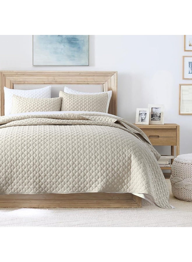 Horimote Home Quilt Set King Size Beige Bedspread, Modern Style Quilted Clouds Pattern Soft Coverlet Set Lightweight Microfiber Quilted Bedspread For All Season, 3 Pieces Includes 1 Quilt And 2 Pillow  - Image 5