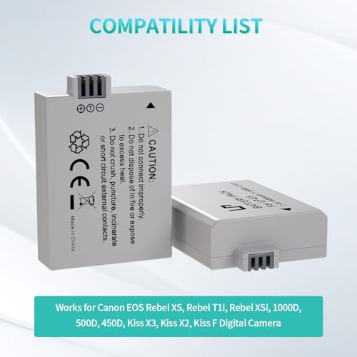 LP E5 Battery Pack, 2-Pack 1600mAh Battery Compatible with Canon EOS Rebel XS, Rebel T1i, Rebel XSi, 1000D, 500D, 450D, Kiss X3, Kiss X2, Kiss F Digital Camera and More - Image 2
