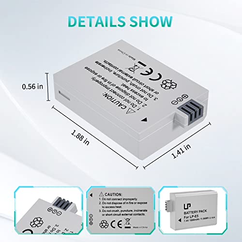 LP E5 Battery Pack, 2-Pack 1600mAh Battery Compatible with Canon EOS Rebel XS, Rebel T1i, Rebel XSi, 1000D, 500D, 450D, Kiss X3, Kiss X2, Kiss F Digital Camera and More - Image 5