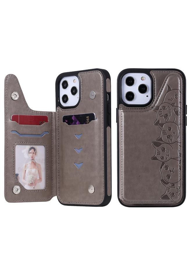 S-TOP Case For iPhone 12 Pro Max Six Cats Embossing Pattern Protective Case with Holder & Card Slots & Photo Frame - Image 1