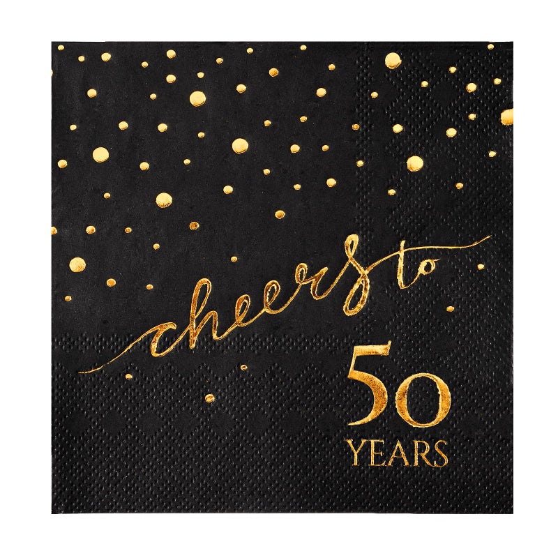 homix 100 Pack of 50th Birthday Napkins Cheers to 50 Cocktail 5x5 Inches Party Paper Napkins for Birthday Decorations Wedding Anniversary Black and Gold 3Ply