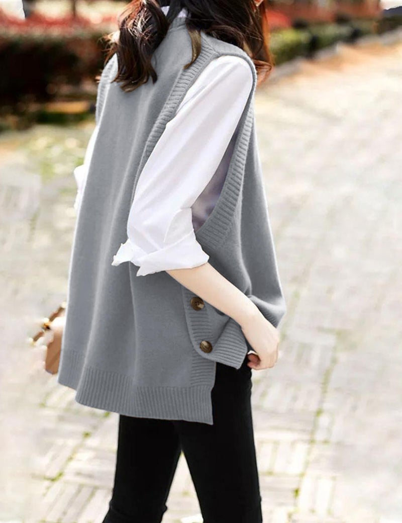 HangNiFang Women's Round Neck Sleeveless Pullover Ribbed Knit Sweater Vest Top (0199-Grey-XL) - Image 3