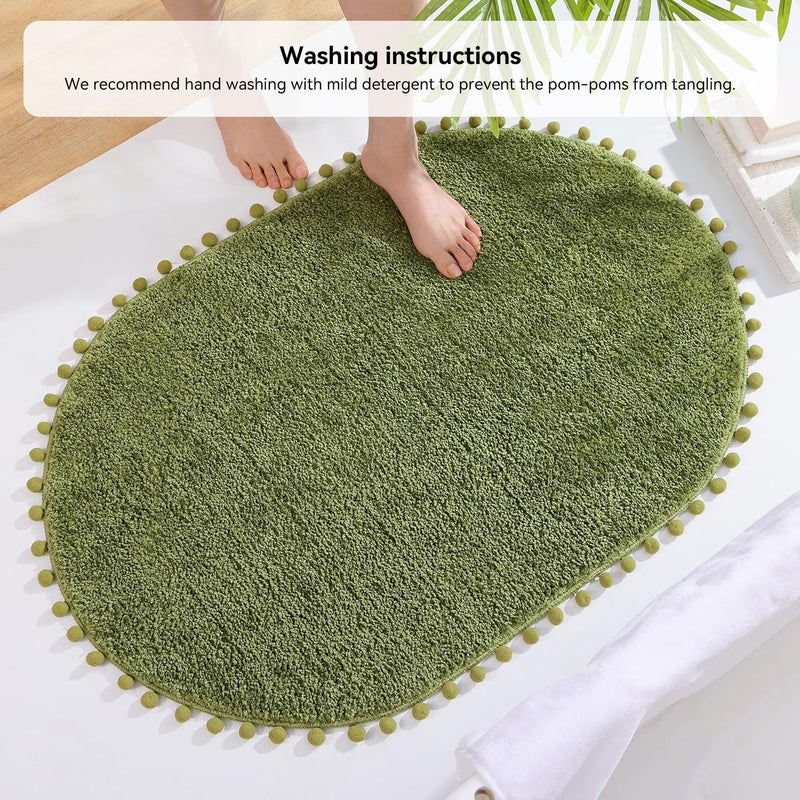 YIRDDEO Olive Green Pom Bath Rug for Bathroom Non Slip, Cute Boho Pom Oval Absorbent Shower Mat, Plush Soft Washable Rug (20x30 inches) - Image 4