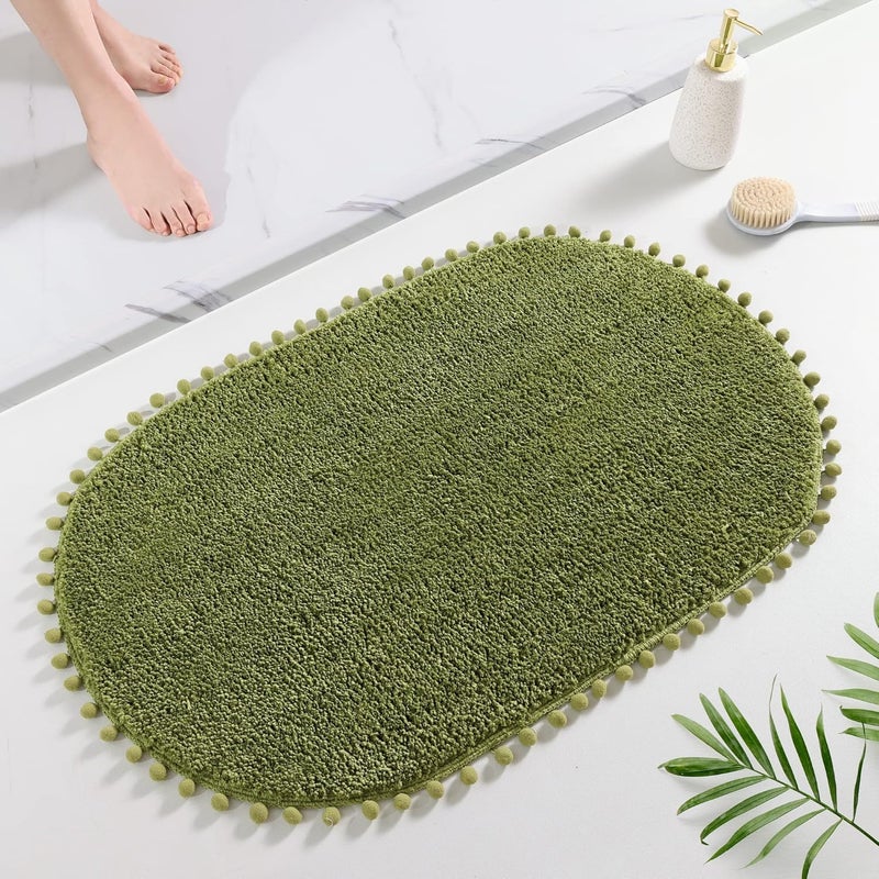 YIRDDEO Olive Green Pom Bath Rug for Bathroom Non Slip, Cute Boho Pom Oval Absorbent Shower Mat, Plush Soft Washable Rug (20x30 inches) - Image 1