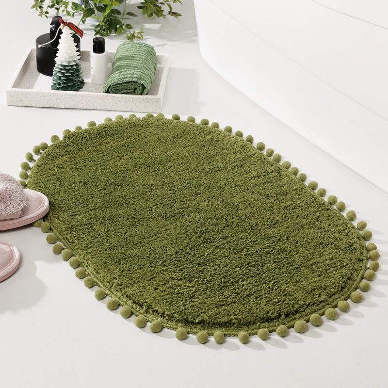 YIRDDEO Olive Green Pom Bath Rug for Bathroom Non Slip, Cute Boho Pom Oval Absorbent Shower Mat, Plush Soft Washable Rug (20x30 inches) - Image 2