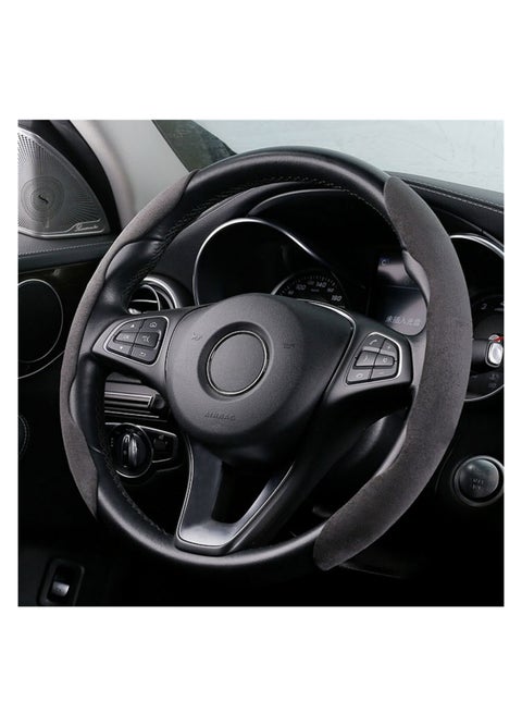 غطاء عجلة قيادة السيارة من ألياف الكربون والجلد والفراء مضاد للانزلاق مناسب لجميع فصول السنة، لوازم داخلية عالمية، غطاء مقبض عجلة قيادة السيارة يمتص العرق، قابل للتهوية، رفيع للغاية، متين (أسود)