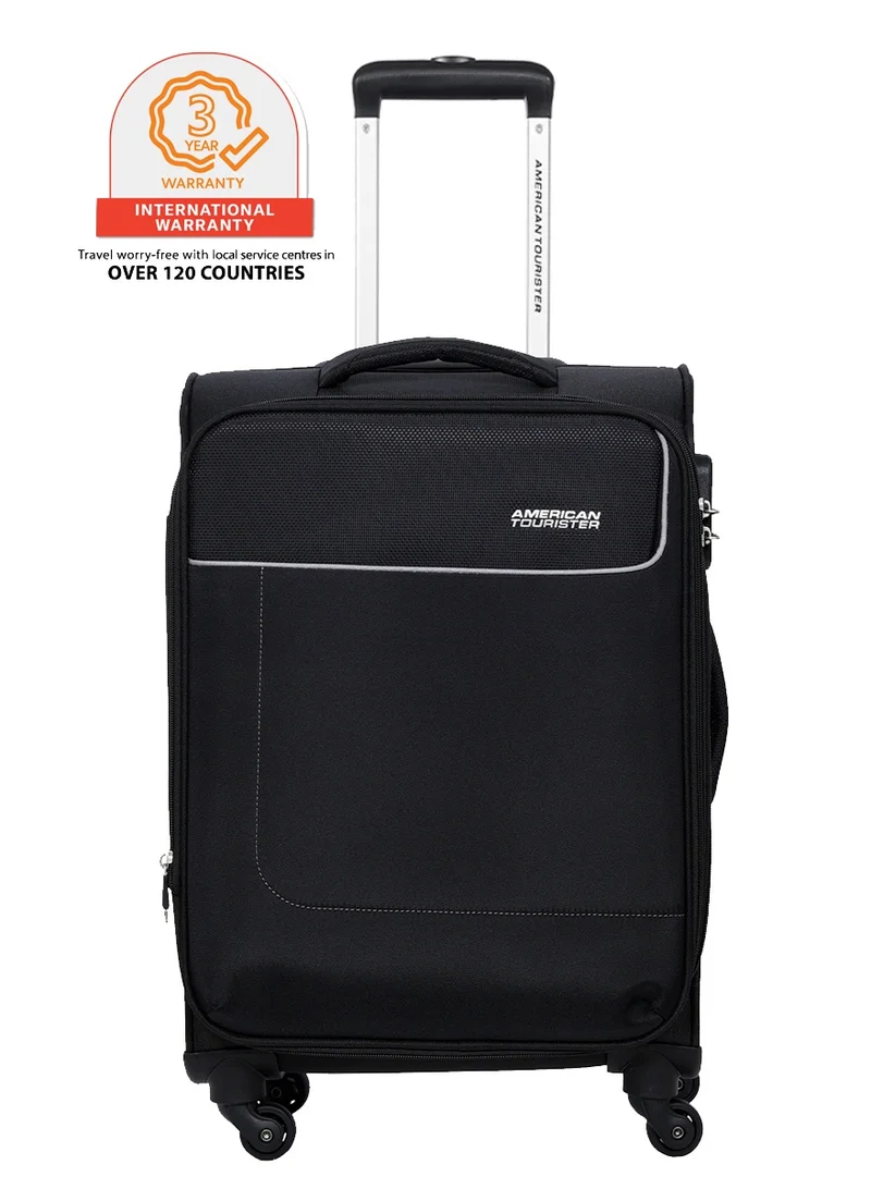 امريكان توريستر Jamaica Suitcase, Cabin Size 58 cm, 4 Spinner Wheels, Soft Top, 100% Polyester, Black|TSA Combination Lock|Expandable|Front Pocket Storage Compartment|Corner Guard|Retractable Aluminum Handle - 3 Years International Warranty