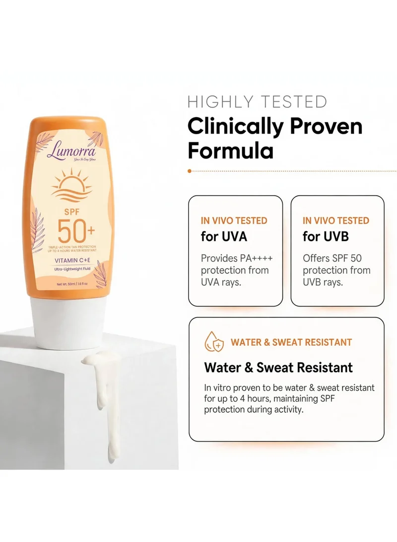 Lumorra Lumorra SPF 50+ Sunscreen with Vitamin C + E, PA++++, Ultra-Lightweight Fluid, Water & Sweat Resistant, No White Cast, 50ml