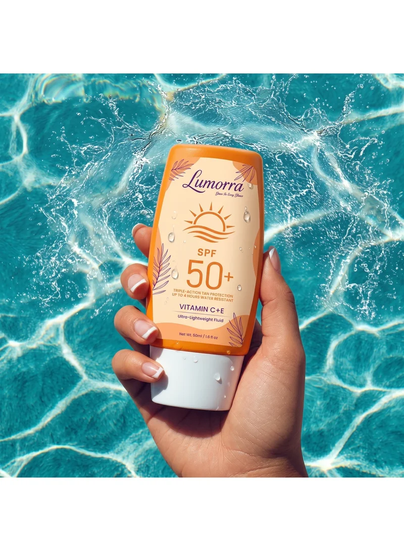 Lumorra  Lumorra SPF 50+ Sunscreen with Vitamin C + E, PA++++, Ultra-Lightweight Fluid, Water & Sweat Resistant, No White Cast, 50ml  | Best Price UAE