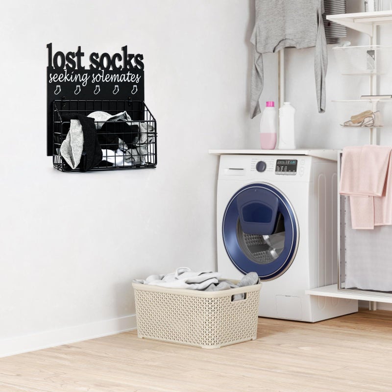 CQNET Lost Socks Basket for Laundry Room, Rustic Farmhouse Cutout Letters Organization, Home Wooden Decor And Accessories, Seeking Solemates Sign - Image 2
